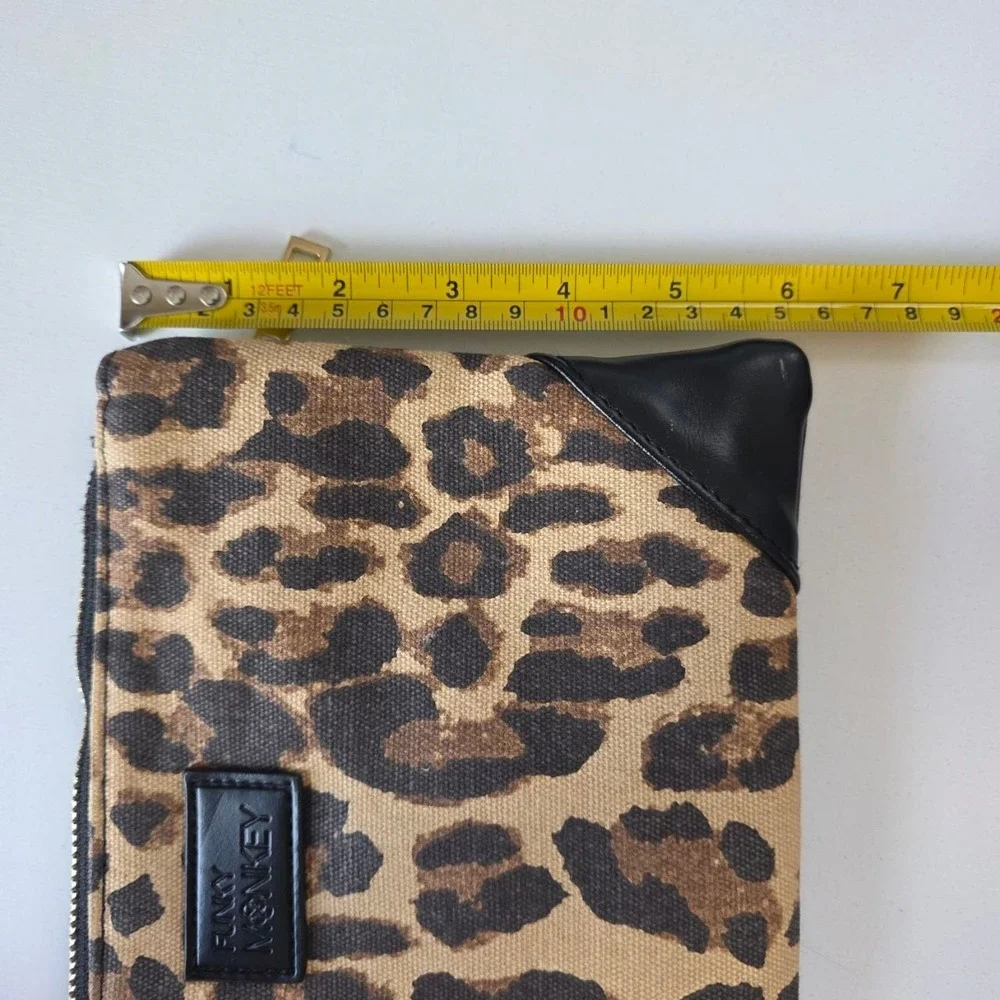 Funky Monkey Leopard Print Canvas Black Faux Leather Wristlet‎ Clutch Tassel Bag